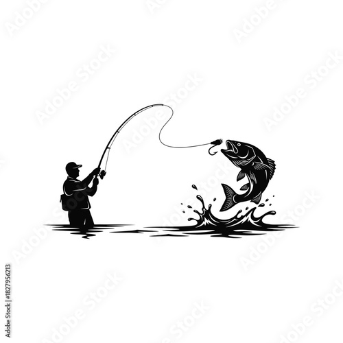 Silhouette of a fisherman reeling in a large jumping fish with a lure and splashing water
