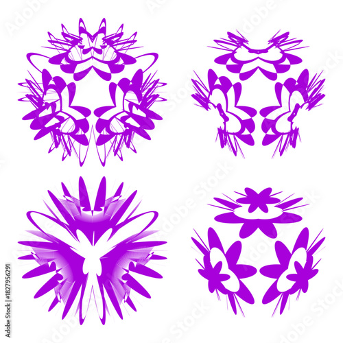 Abstract floral shapes. Purple bloom motif. Dynamic element Vector. Decorative color burst.