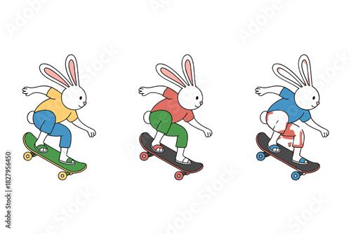 Cool Cartoon Bunny Rabbit Skateboarding Vector Set