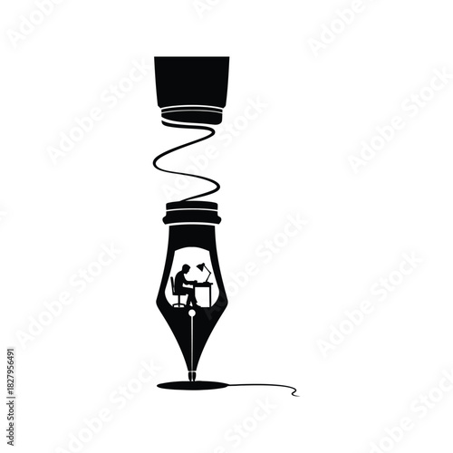 Silhouette of a writer working at a desk inside a fountain pen drawing a wavy line on a white background