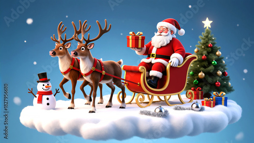 Jolly Santa's Sleigh with Reindeer and Christmas Tree on a Snowy Cloud