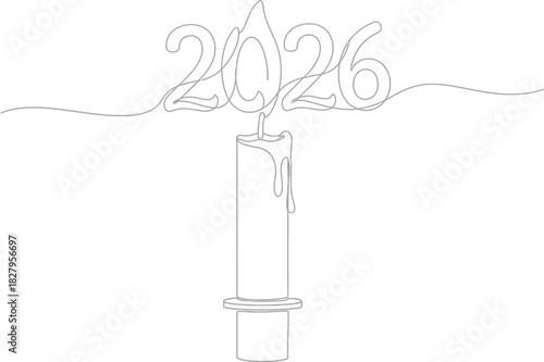 Continuous line drawing of 2026 with candle flame for new year celebration