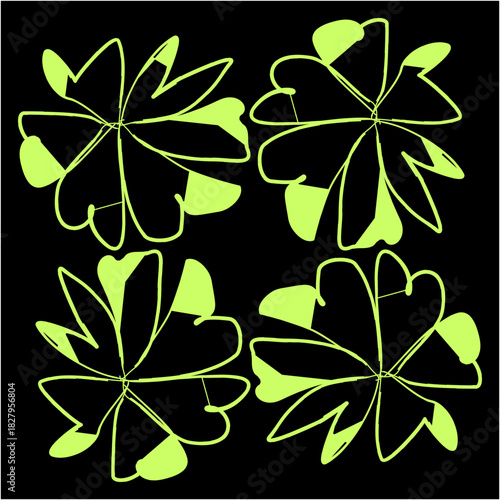 Four luminous abstract blossoms spin in synchronized motion, their neon petals radiating energetic flow against a stark black background, forming harmonic symmetry.