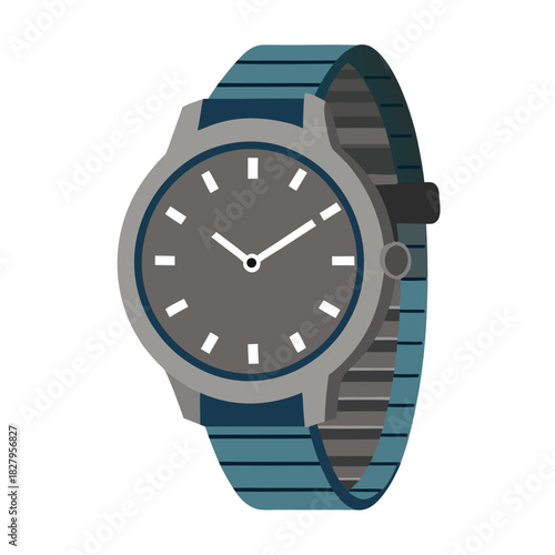 Vector illustration of wrist watch in full length with blue bracelet. Detailed side view modern style. Suitable for icons, product mockups, emblem, banner, label. Isolated on white background