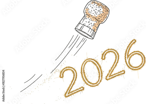 Champagne cork popping to celebrate the new year 2026 with golden sparkling numbers