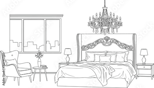 Elegant bedroom interior design with a luxurious bed and chandelier illustration