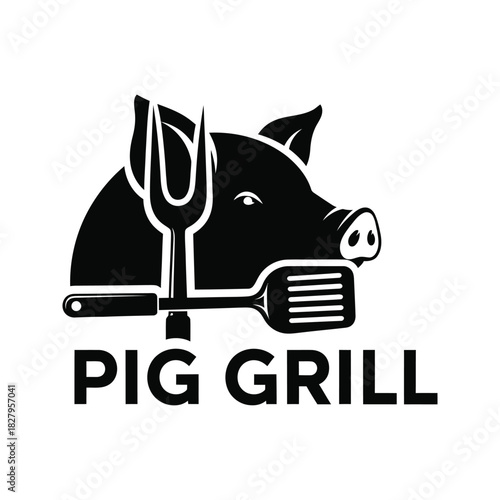 Stylized black silhouette of a pig head with grill utensils and text pig grill