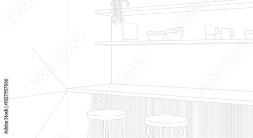 Minimalist line drawing of a kitchen counter with stools and shelf decor items