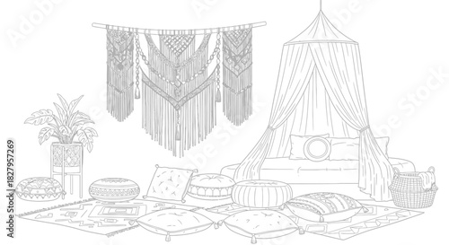 Bohemian interior design with macrame wall hanging and canopy bed illustration