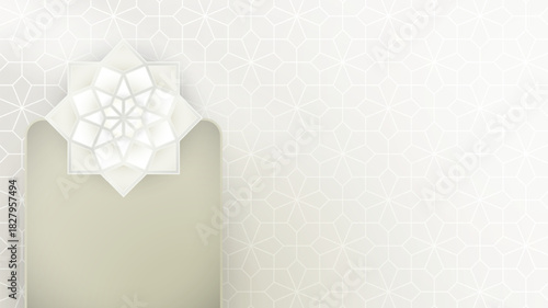 Islamic background in green sage with mosque arch and mandala design. Islamic background template