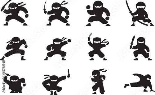 Collection of ninja silhouette vectors on a white background Illustrator Artwork