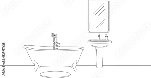 Minimalist bathroom interior design with bathtub sink and mirror line art style