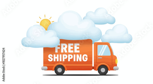 Orange delivery truck with free shipping text under sunny clouds