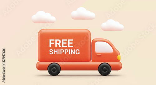 3d rendering of a small orange delivery truck with free shipping text