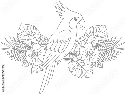 Tropical cockatoo perched among hibiscus flowers and monstera leaves outline art