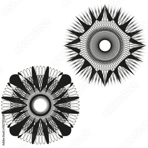 Guilloche abstract pattern. Geometric spiky elements. Layered circle Vector set. Black white graphic