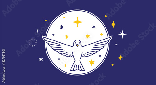 Stylized white dove with outstretched wings surrounded by stars on blue background