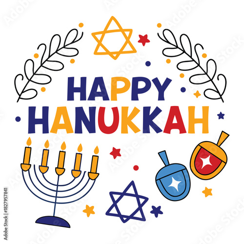 Happy Hanukkah greeting with menorah dreidels and stars star of david