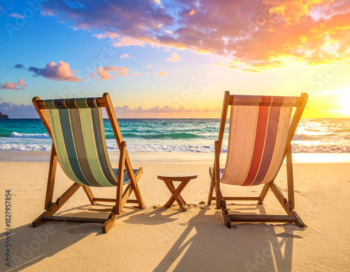 Seaside chairs watching sunset together at the beach during a tranquil holiday getaway
