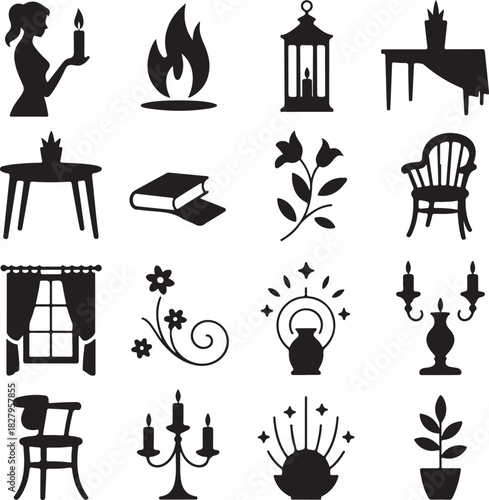 Elegant black and white interior design elements icons collection set
