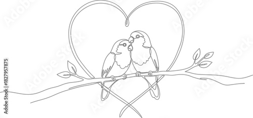 Two lovebirds perched on a branch with a heart in a minimalist line drawing
