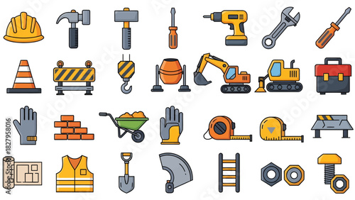 Colorful vector icons featuring a wide range of construction tools and equipment for building, repair, and industrial projects