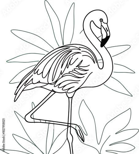 Elegant pink flamingo standing gracefully among tropical leaves on a white background