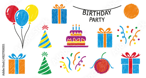 Vibrant scribble-style birthday celebration collection featuring cheerful balloons, festive gift boxes, a delicious cake, playful party hats, and scattered confetti, perfect for joyful event