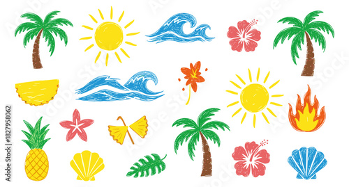 Vibrant collection of hand-drawn tropical summer elements including palm trees, shining sun, ocean waves, hibiscus flowers, and juicy pineapple, perfect for vacation-themed designs and cheerful