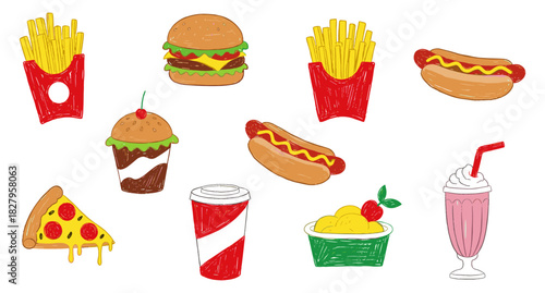 Hand-drawn sketch style fast food collection featuring popular items like burgers, fries, hot dogs, pizza, desserts, and drinks, perfect for vibrant design projects and casual menus