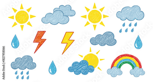 A vibrant collection of hand-drawn weather symbols in a charming crayon style featuring sunny days rain clouds lightning bolts and a colorful rainbow perfect for educational design and children's