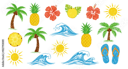 Vibrant hand-drawn tropical summer collection featuring exotic fruits, lush palm trees, refreshing ocean waves, bright suns, and playful beach flip-flops, perfect for vacation and travel designs