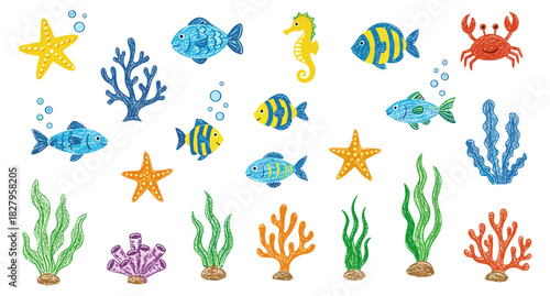 Whimsical underwater world vector illustration with playful crayon-textured marine animals like colorful fish, starfish, seahorse, and crab surrounded by various vibrant corals and seaweed, perfect