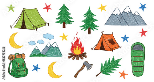 Colorful hand drawn doodle illustration of various outdoor adventure elements, including camping tents, mountains, campfire, pine trees, backpack, and sleeping bag, perfect for nature-themed designs