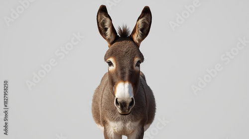 Captivating close-up portrait of a brown donkey, front view, isolated on a clean white background. Adorable domestic farm animal with expressive eyes, perfect for various projects.