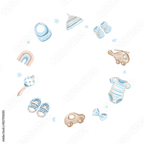 Baby Boy Clothes and Toys watercolor Circle frame