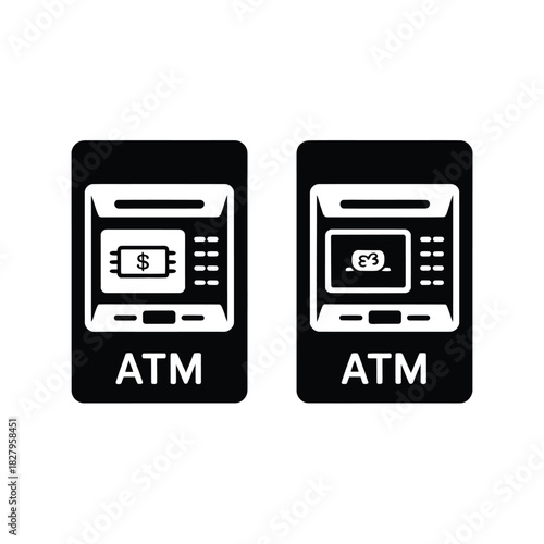 Two modern ATM machines with currency symbols for withdrawal convenience