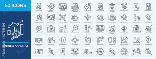 Business analytics icon set. Containing quality control ,operational efficiency,continuous improvement,data monetization, data mining and more. Outline vector icons collection