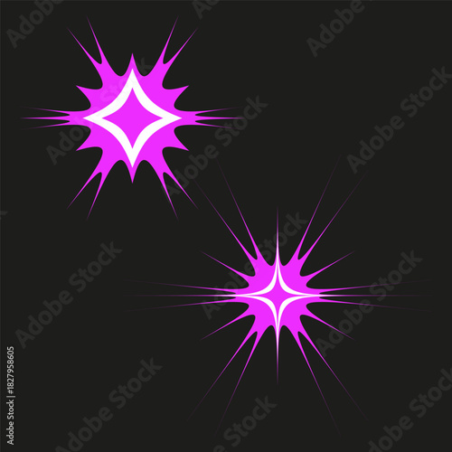 Explosion star burst. Dynamic spike shapes. Purple light Vector. Dark background element.