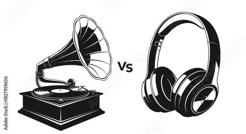 A visual comparison between a vintage gramophone and modern headphones