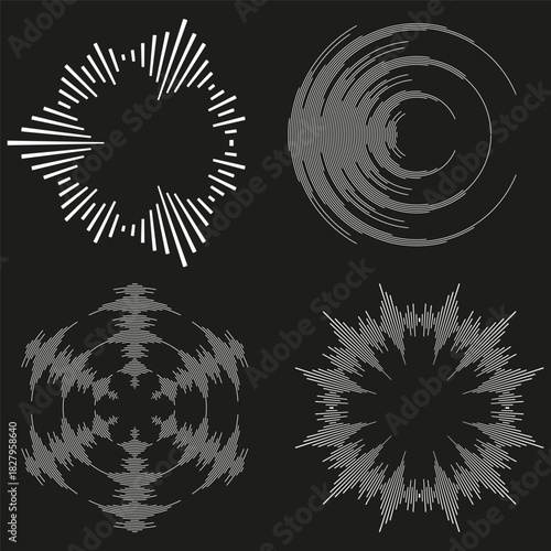 Radial equalizer elements. Abstract circle shapes. Dynamic burst Vector set. Dark background graphic.