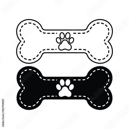Two stylized bone shapes with paw prints one outlined in black and white the other solid black with a white paw print