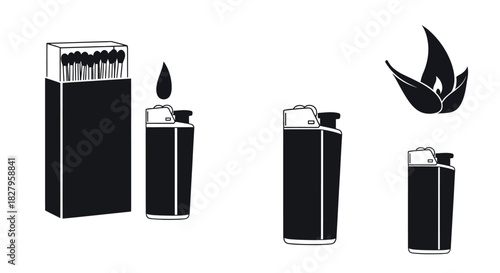 A progression of fire starters matches lighters and the resulting flame