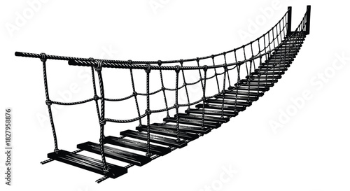 A black and white illustration of a rope suspension bridge