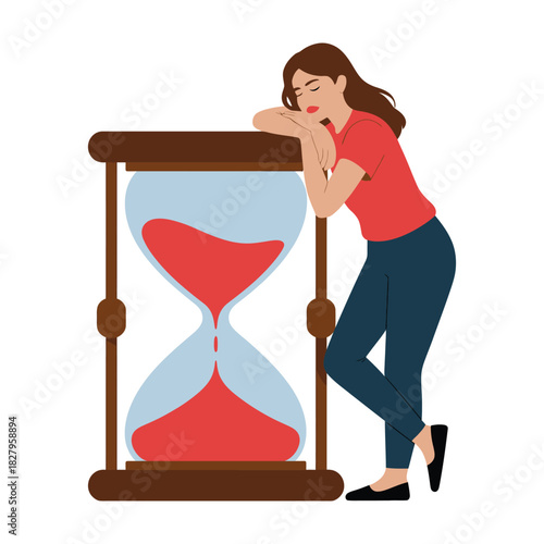 Woman leaning on a large hourglass, looking tired and waiting, symbolizing the passage of time.