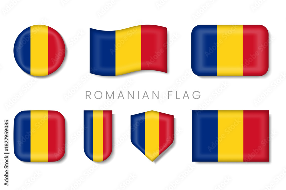 Fototapeta premium Set of Romania Flag Icons in various shapes 3d style