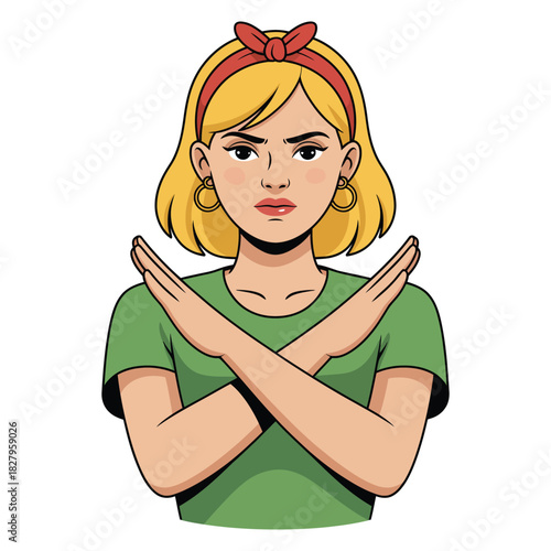 Woman making stop gesture with arms crossed, showing disagreement or prohibition