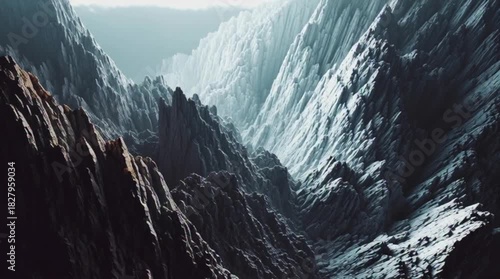 Aerial view of a deep canyon with rugged peaks and dramatic lighting effects
