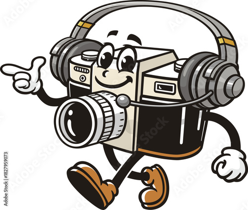 Camera mascot cartoon wearing headset or headphone