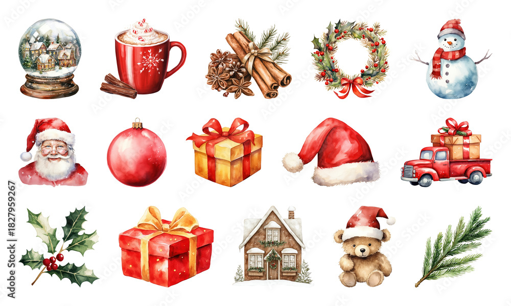 Fototapeta premium PNG Festive holiday watercolor illustrations, element set on transparent background